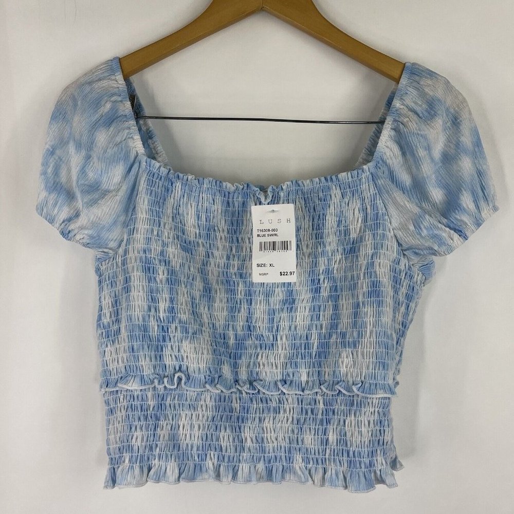 Lush Womens Blouse Shirt Sizeโ XL Blue White Tie Dye Short Sleeve Cropped